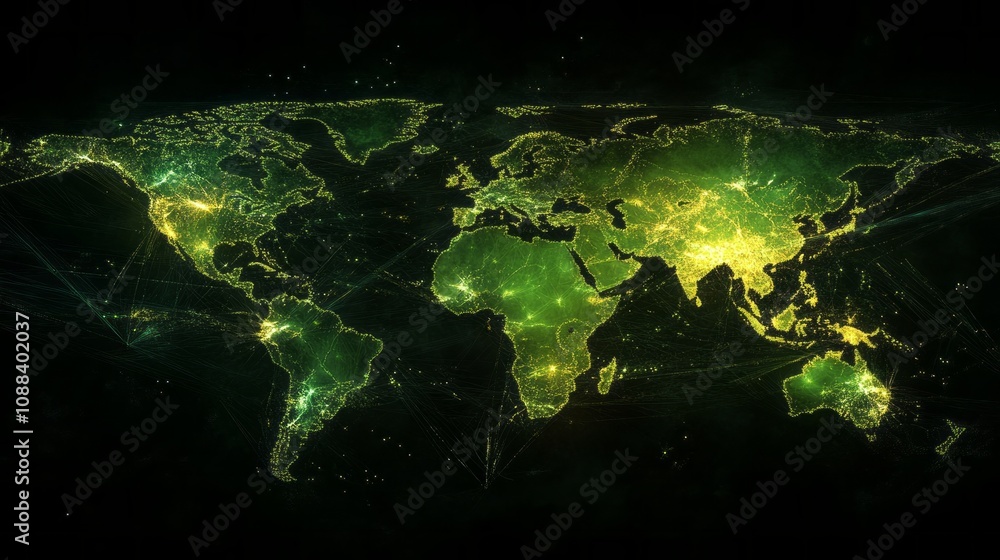 Poster a green and black image of the world with many lights on it