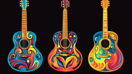 Naklejka premium Hippie Sign and Guitar Music Posters in Woodstock Festival Style with Cartoon Psychedelic Patterns for 60's and 70's Retro Music.