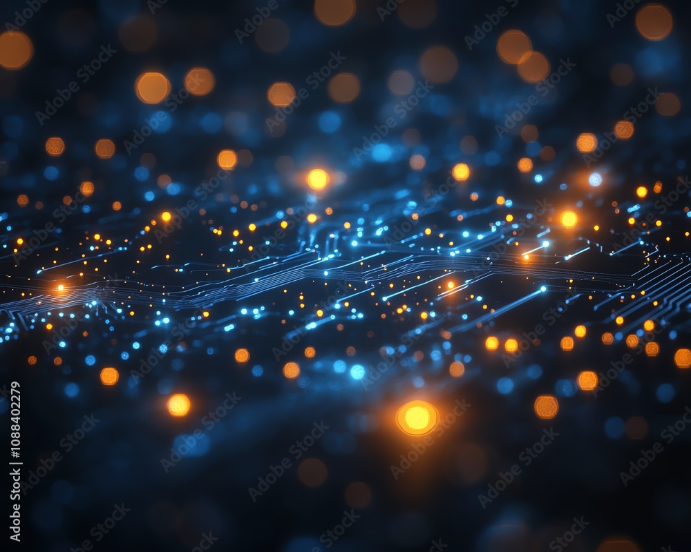 Poster abstract glowing blue circuit board, closeup with digital elements, illuminated pathways, bokeh effe