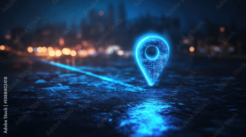 Poster abstract blue location point or map pin on path digital marketing technology tech innovation.