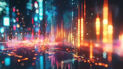 Abstract glowing big data forex candlestick chart on blurry city backdrop. Trade, technology, investment and analysis concept. Double exposure