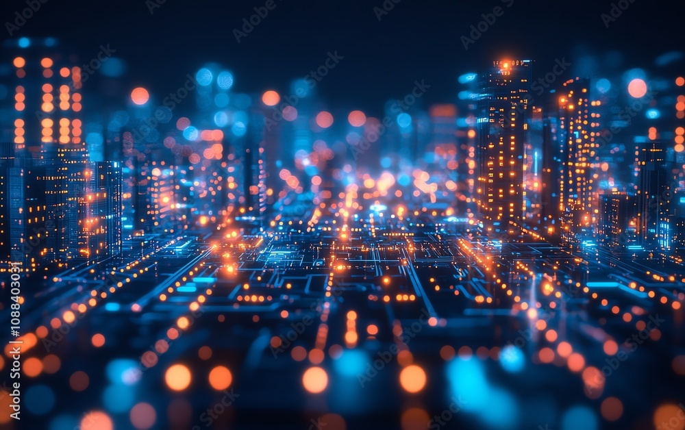 Poster closeup abstract blue circuit board with glowing tech elements, bokeh effect, dark background, illum