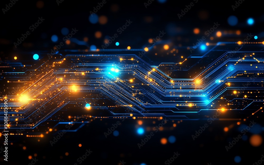 Poster closeup abstract blue circuit board with glowing tech elements, bokeh effect, dark background, illum