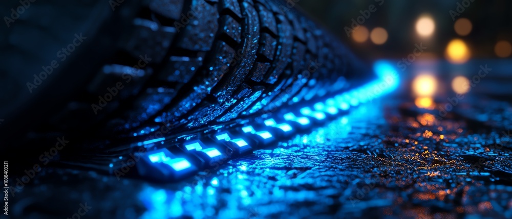 Poster closeup of a glowing abstract blue circuit board with intricate tech elements, bokeh effect, dark ba