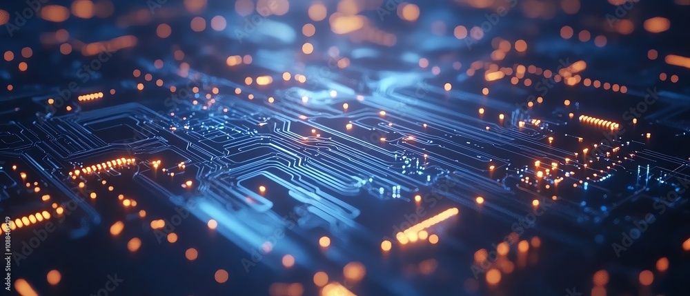 Poster closeup of a glowing abstract blue circuit board with intricate tech elements, bokeh effect, dark ba