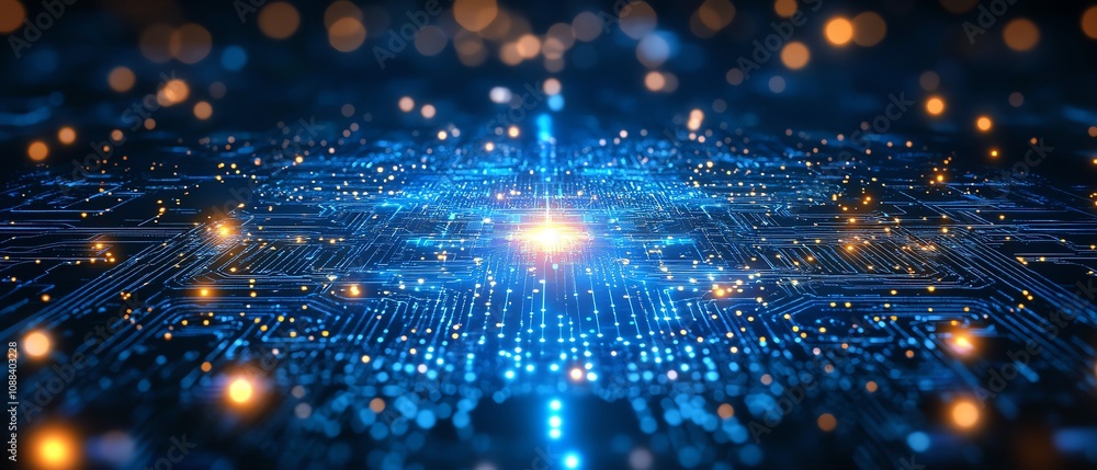 Poster closeup of a glowing abstract blue circuit board with intricate tech elements, bokeh effect, dark ba