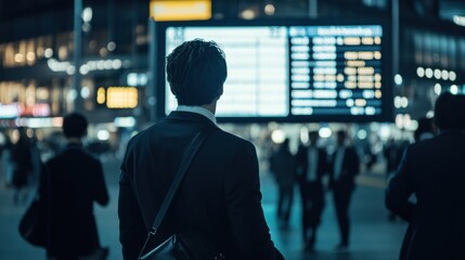 Professional man in a suit gazing at a busy transportation hub display board amid a crowd of commuters in a vibrant city nightlife scene.