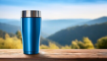 Blue color stainless steel tumbler or cold and hot storage cup on wood.