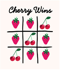 Retro Graphic Cherries and Strawberries on XOXO game with slogan typography, vector illustration, for t-shirt graphic.