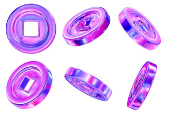 3d set of Ancient old neon or holographic coins of China, with square hole. Design element for Chinese New Year. Stock vector illustration on isolated background.