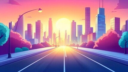 Modern cityscape at sunrise with high-rise buildings, street, highway, and pink sunlight. Architecture and city life concept.