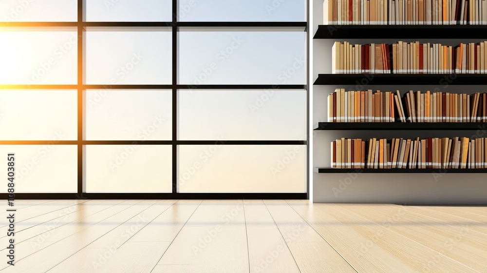 Poster Bright and Warm Modern Library Interior with Floor-to-Ceiling Windows Offering a View and Bookshelves Filled with an Array of Books in a Serene Environment