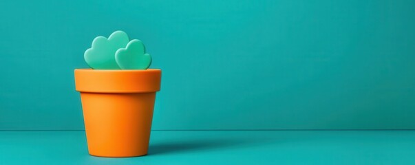 A vibrant orange pot holds a green, stylized plant against a turquoise background, creating a cheerful and modern aesthetic.