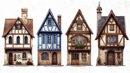 Medieval German Building Clipart: Vintage European Town Cottage, Century-Old Amsterdam House and Historical Brick Houses Collection.