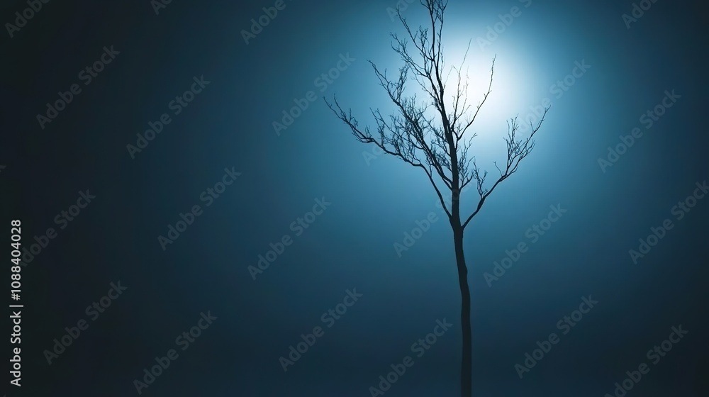 Poster ethereal silhouette of a leafless tree under a moonlit sky in a foggy atmosphere, creating a mysteri