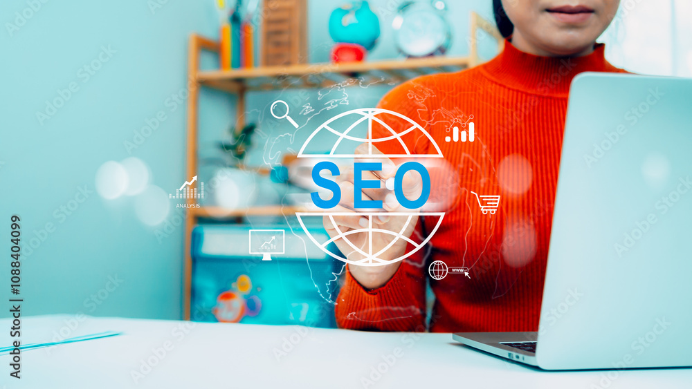 Poster businesswoman search on virtual screen data search technology search engine optimization, seo, marke