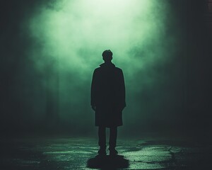 Obraz premium Man in dark surroundings, illuminated from above by eerie green light, silhouetted figure against dark background, atmospheric shadows, haunting atmosphere