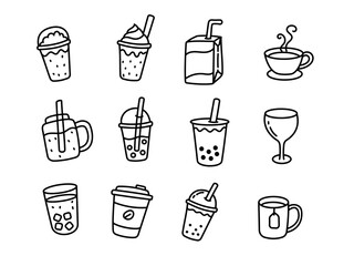 Set of milk tea and drinks doodle illustration with black and white color