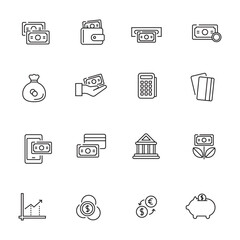 Set of money icon in outline style on a white background