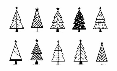Set of Christmas trees, black and white illustration