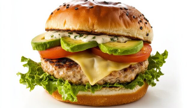 A gourmet turkey burger with a juicy turkey patty, melted Swiss cheese, avocado slices