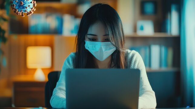 Asian woman work from home during corona virus, COVID-19 out break use laptop for teleconference with her teamates