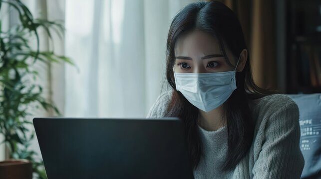 Asian woman work from home during corona virus, COVID-19 out break use laptop for teleconference with her teamates