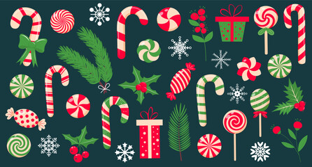 Christmas sweets, lollipops, candy canes, gifts, holly berry and twigs set. Peppermint candies red, green and cream collection.