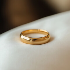 A golden wedding ring resting on a soft white cushion