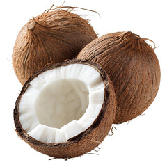 Fresh coconuts cut open on a plain background