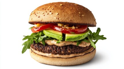 A gourmet veggie burger with a black bean patty, avocado slices, roasted red pepper