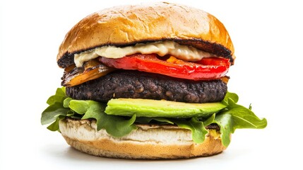 A gourmet veggie burger with a black bean patty, grilled portobello mushroom, roasted red pepper