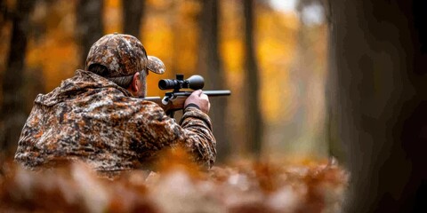 Deep in an autumn forest, a hunter carefully aims, his figure framed by golden leaves, embodying patience and wilderness connection.