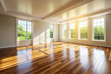 Obraz premium Sunlit Empty Room Interior Hardwood Floor White Wall Light Shadow