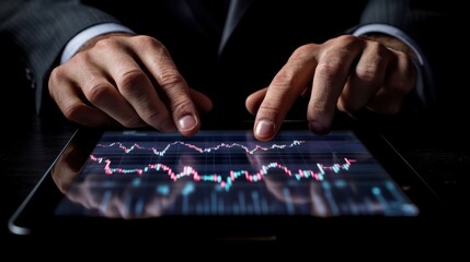 business, internet, economics and technology concept - close up of man hands touching tablet pc with increasing chart on screen