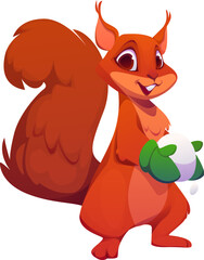 Cartoon Christmas squirrel animal character holding snowball and smiling. Isolated vector forest personage with its bright eyes and perky ears, spreads warmth and joy in a whimsical winter wonderland