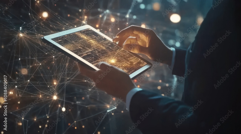 Aufkleber businessman use tablet with global structure customer network technology, data exchanges development