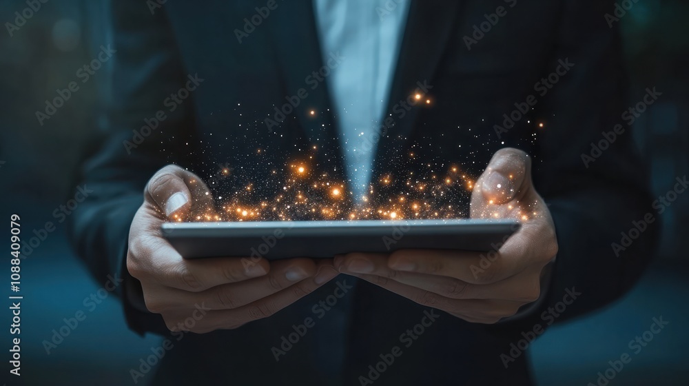 Poster businessman use tablet with global structure customer network technology, data exchanges development