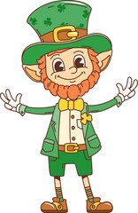 Cartoon retro funny leprechaun groovy character for Saint Patrick Day holiday, vector personage. Leprechaun groovy character with shamrock clovers on hat for Irish St Patrick Day holiday greeting