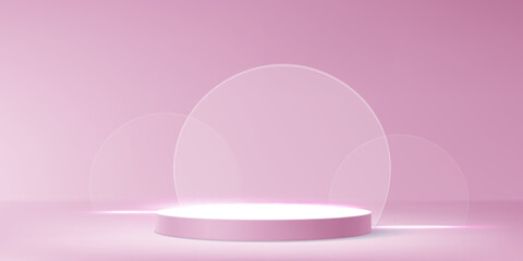 Luxury pink platform with overlapping transparent circular glass elements. Minimalist elegant showcase setup with premium cosmetic display or elegant product staging. Realistic vector studio room.