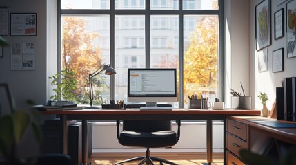 Cartoon illustration of office work desk near wide glass window. Workplace with computer monitor inside company.