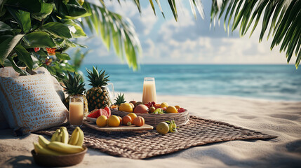 Obraz premium Relaxing beach picnic setup with fruits and a scenic ocean backdrop