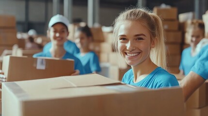 charity, donation and volunteering concept - close up of international group of happy smiling volunteers packing food in boxes at distribution or refugee assistance center