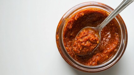 A jar of fiery harissa paste with a bold blend of roasted red peppers, chili peppers, garlic