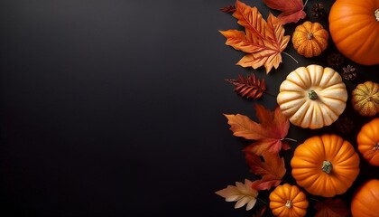 Autumn decorations on black background with pumpkins and leaves for fall and harvest season concept art