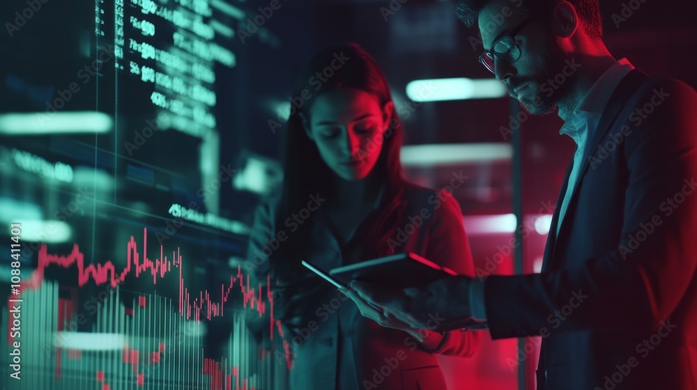Poster Two people are looking at a computer screen with graphs and numbers
