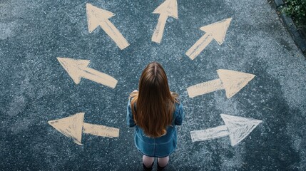 Choosing future profession. Girl standing in front of drawn signs on asphalt, top view. Arrows pointing in different directions as diversity of opportunities