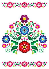 Mexican folk art style vector floral pattern, 5x7 greeting card retro design inspired by traditional embroidery from Mexico 