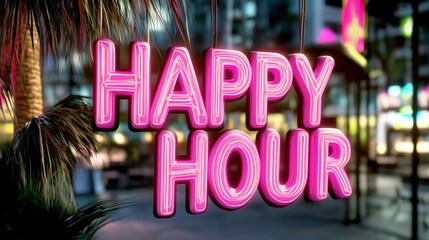 Pink "Happy Hour" Neon Sign in Outdoor Setting