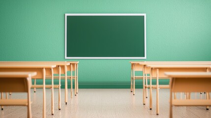 Traditional Classroom with Chalkboard Whiteboard Rows of desks facing a chalkboard in a traditional classroom, evoking a sense of order and structure.